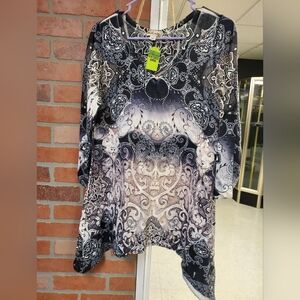 World Unity Top Chic Black and White Paisley Women's Tunic Sz Large